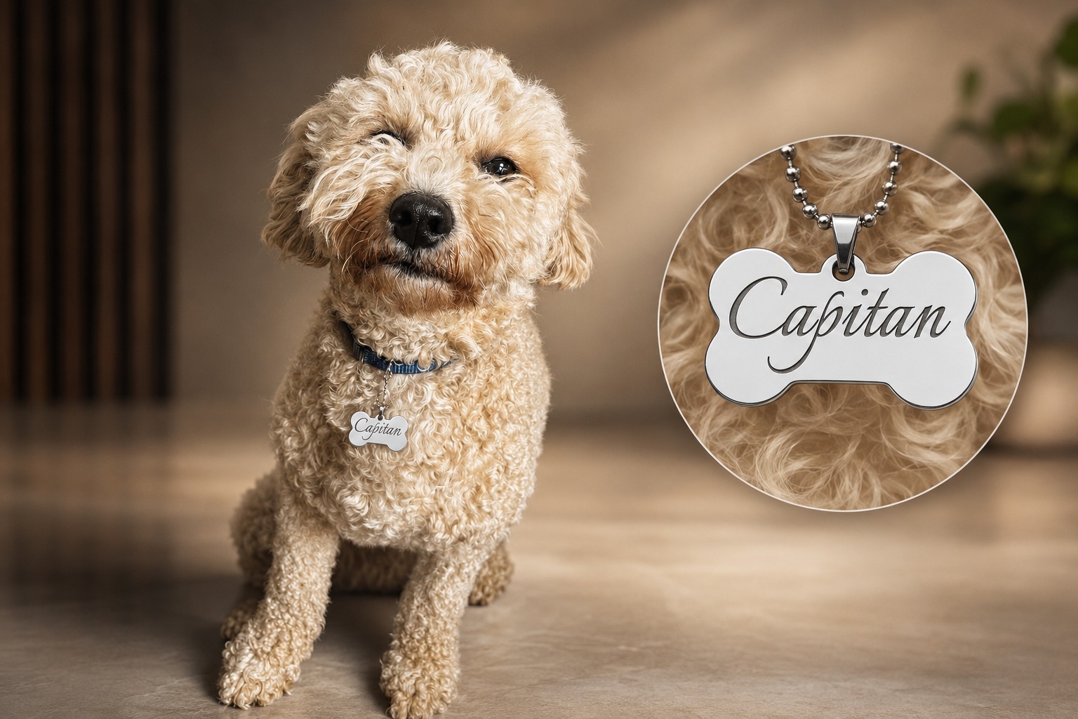 Cachorro con placa ID grabada laser mascota regalo