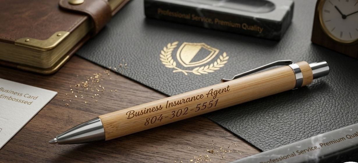 Laser engraved bamboo pen — Business Insurance Agent 804-302-5551