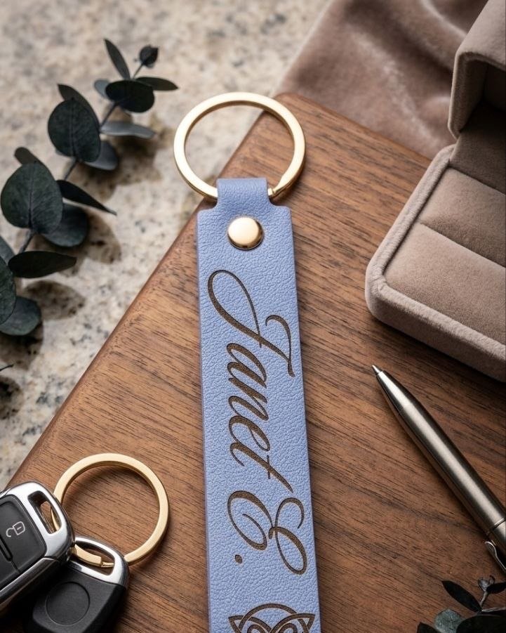 Blue leather keychain laser engraved Janeth celtic symbol