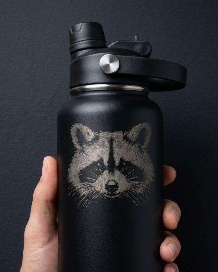Black water bottle with laser engraved raccoon portrait