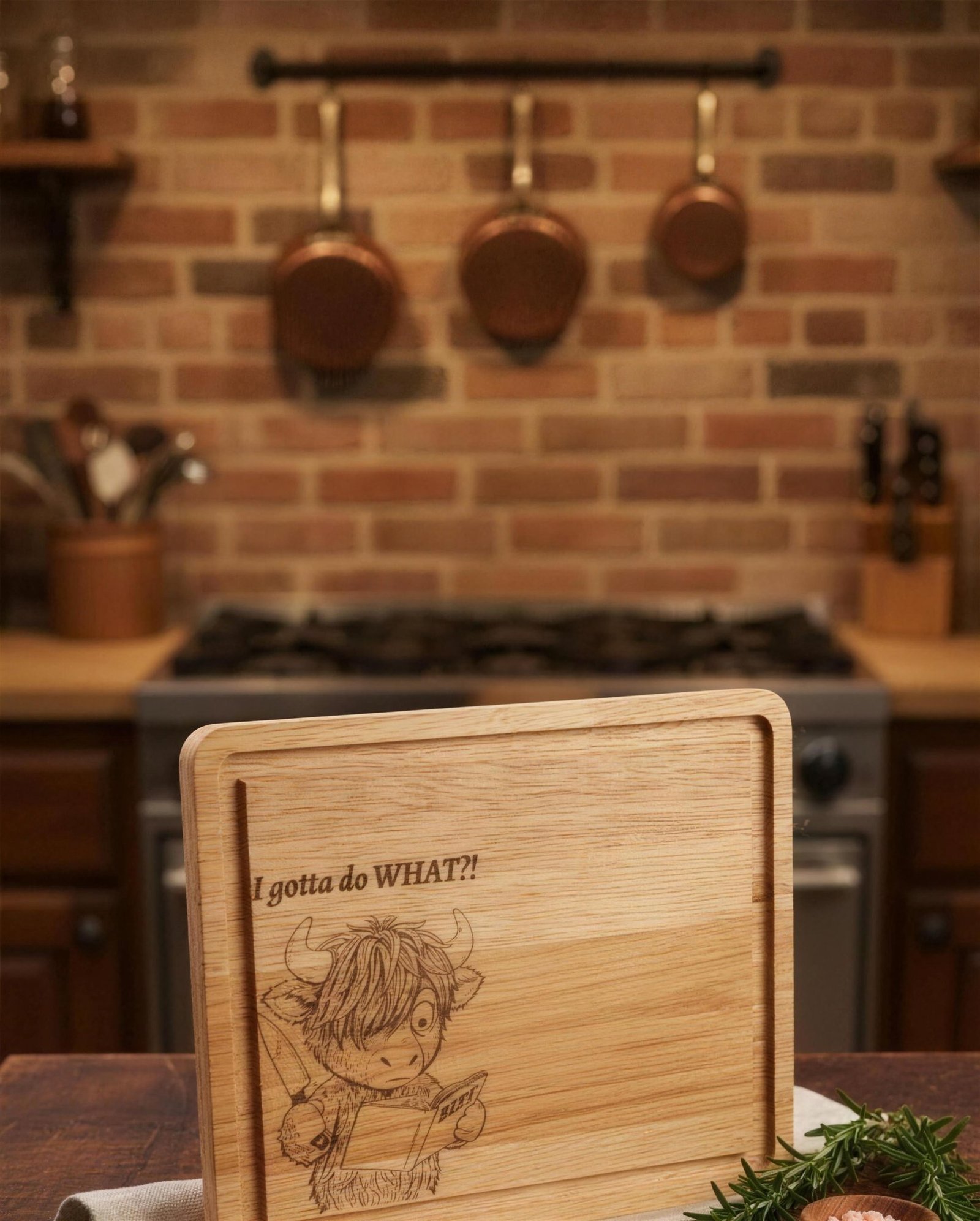 Laser engraved wooden cutting board with highland cow — I gotta do WHAT?!