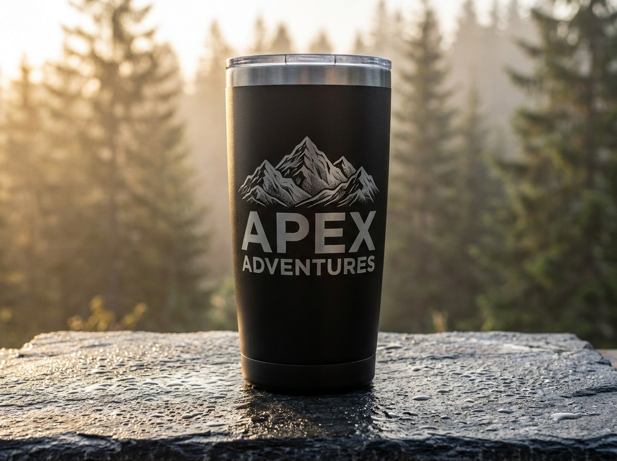 Matte black tumbler with custom laser engraved mountain logo