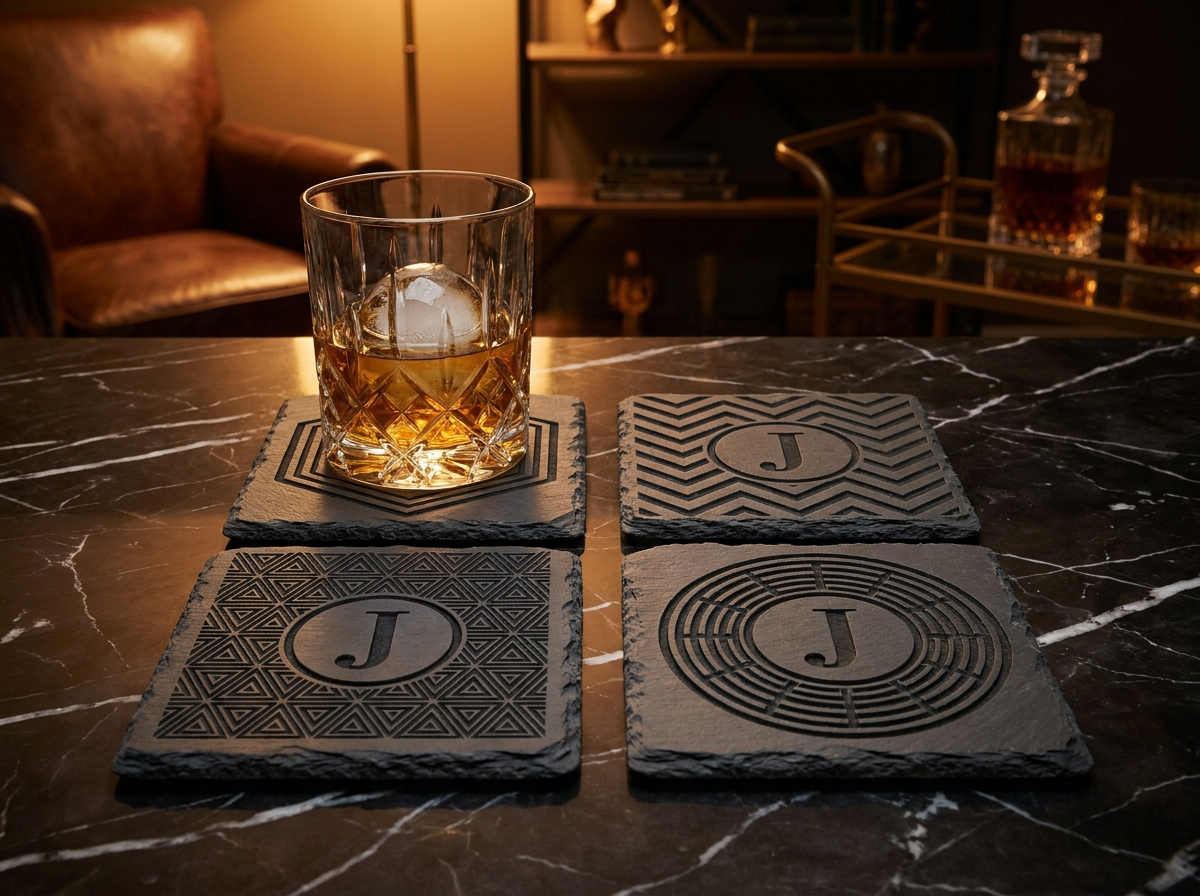 Custom laser engraved slate coasters with monogram and geometric patterns