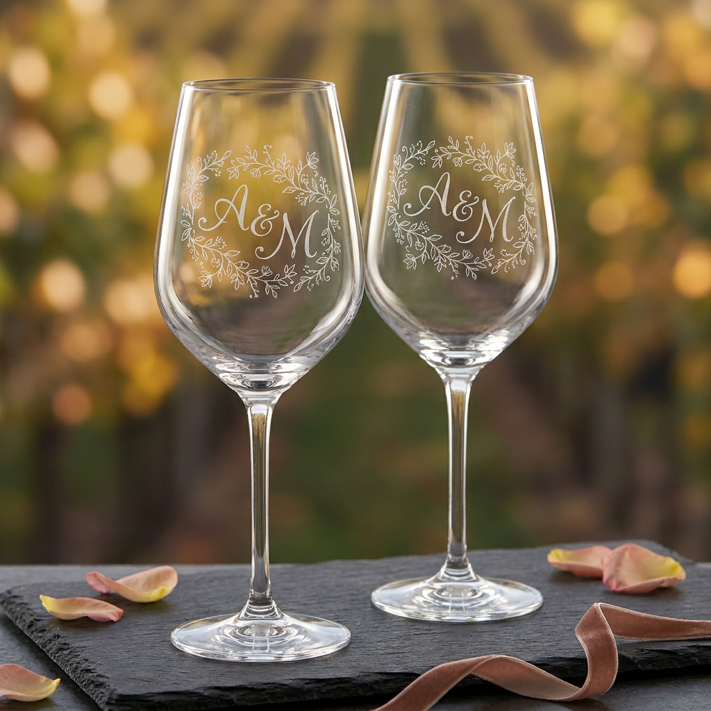 A&M engraved wedding wine glasses