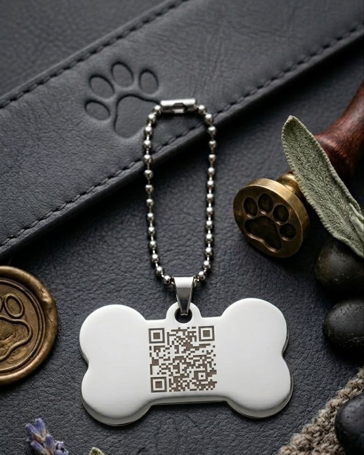 Bone-shaped stainless steel pet ID tag with QR code laser engraved