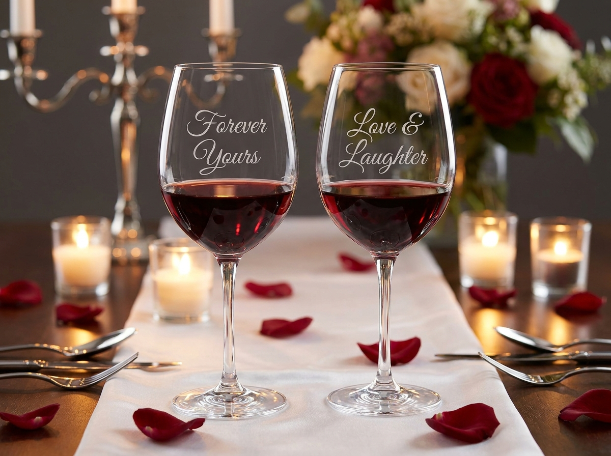 Custom laser engraved crystal wine glasses for wedding and anniversary