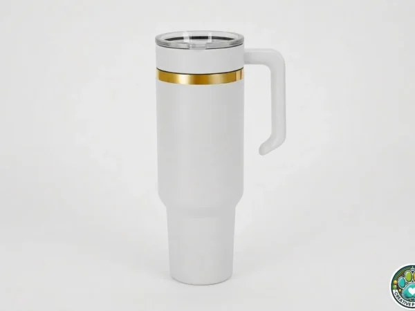 40oz White & Gold Premium Tumbler with Handle – Custom Engraving Ready